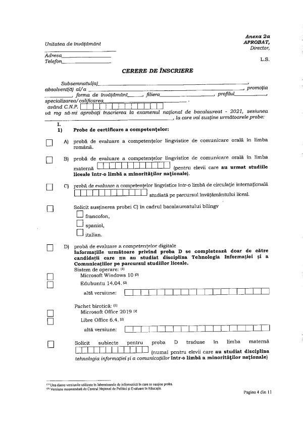 Cerere tip de înscriere la Bacalaureat. Când se trimit documentele la şcoală